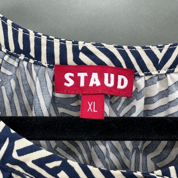 STAUD‎ Vincent Mini Dress Navy Tan Mosaic Puff Sleeve Button Front Womens XL NWT - Picture 9 of 12